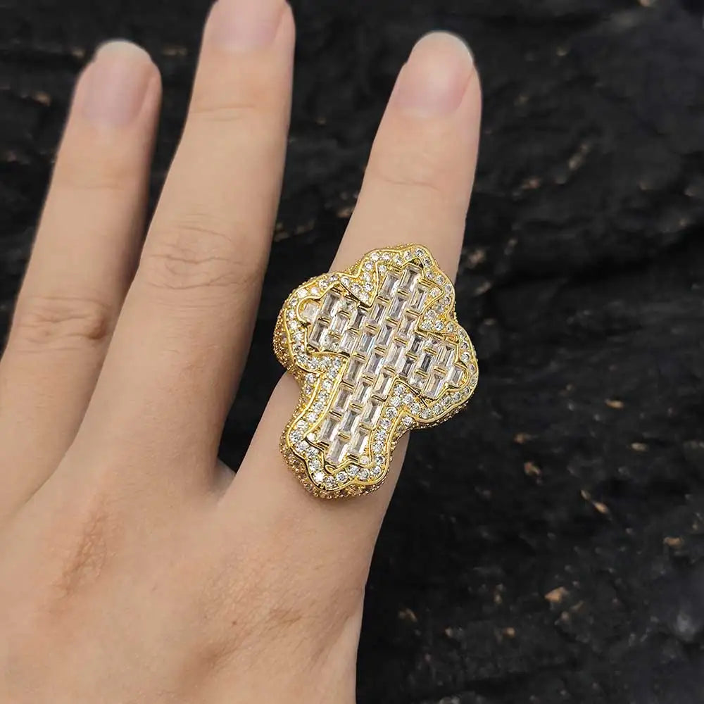 Cross Ring Iced Out Stainless Steel Statement