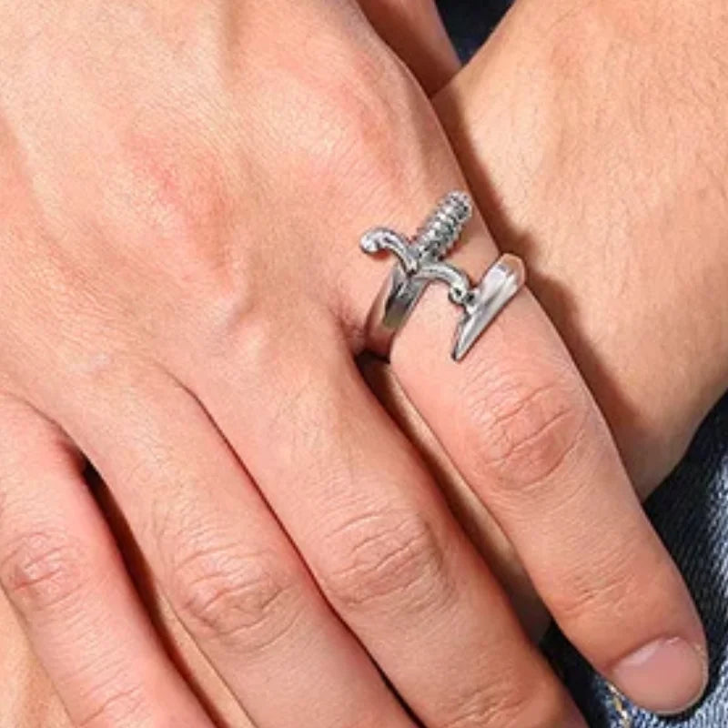Punk Neo Gothic Design Dagger Ring for Men and Women Creative Silver Color Curved Sword Ring Opening Adjustable Size
