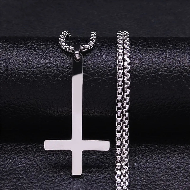 Witchcraft Pagan Stainless Steel Upside Down Cross Necklace Women/Men Inverted Cross Necklace Jewelry collier N8373S02