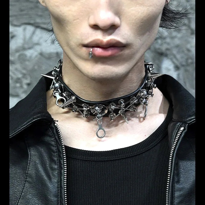 2025 New Punk Necklace Rivets Leather Metal Hip Hop Rock Cool Unisex Choker Neck Accessories for Women Men Jewelry