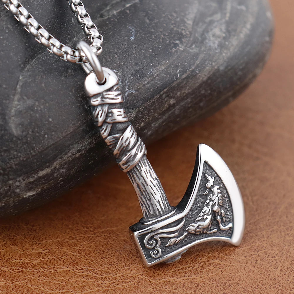 Stainless Steel Viking Double Axe Necklace Men's Vintage Nordic Wolf Axe Pendant Chain Scandinavian Party Jewelry Accessories