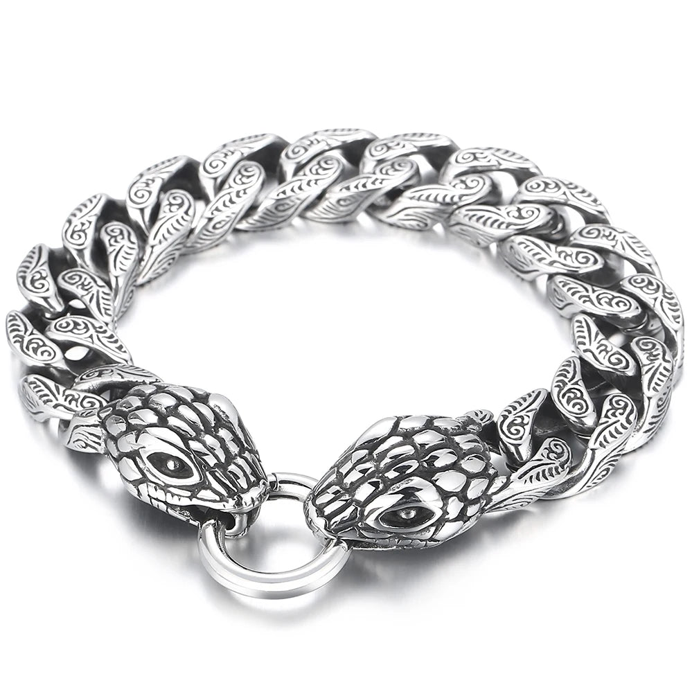 Cool Men's Snake Head Bracelet for Man Male Arm Rings Vintage 15MM Stainless Steel Curb Link Chain Bikers' Jewelry