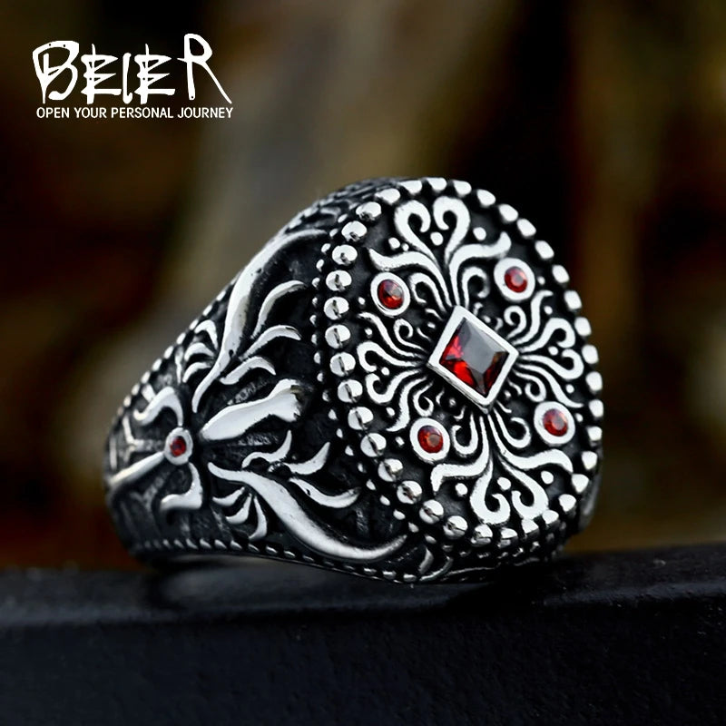 BEIER Antiqued Northern Europe Viking 316L Stainless Steel Setting stones Ring Gothic Pattern Jewelry  Factory price