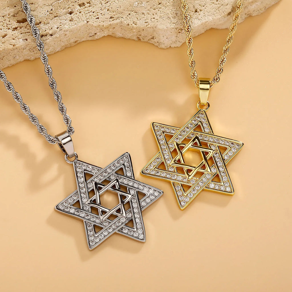 Gold Iced Out Hexagon Pendant Rope Chain Necklace