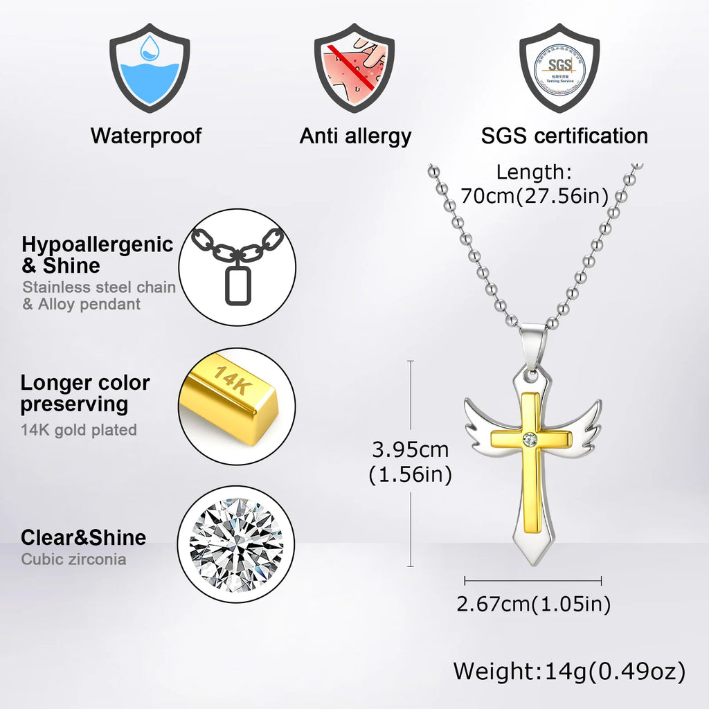 Two-Tone Wing Cross Pendant Necklace CZ Stone — Stainless Steel