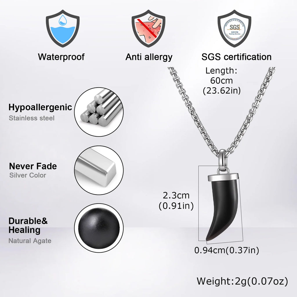 Stylish Natural Stone Horn Necklace for Men,Stainless Steel Black Agate Tiger Eye Stone Pendant Necklace,Healing Amulet Jewelry