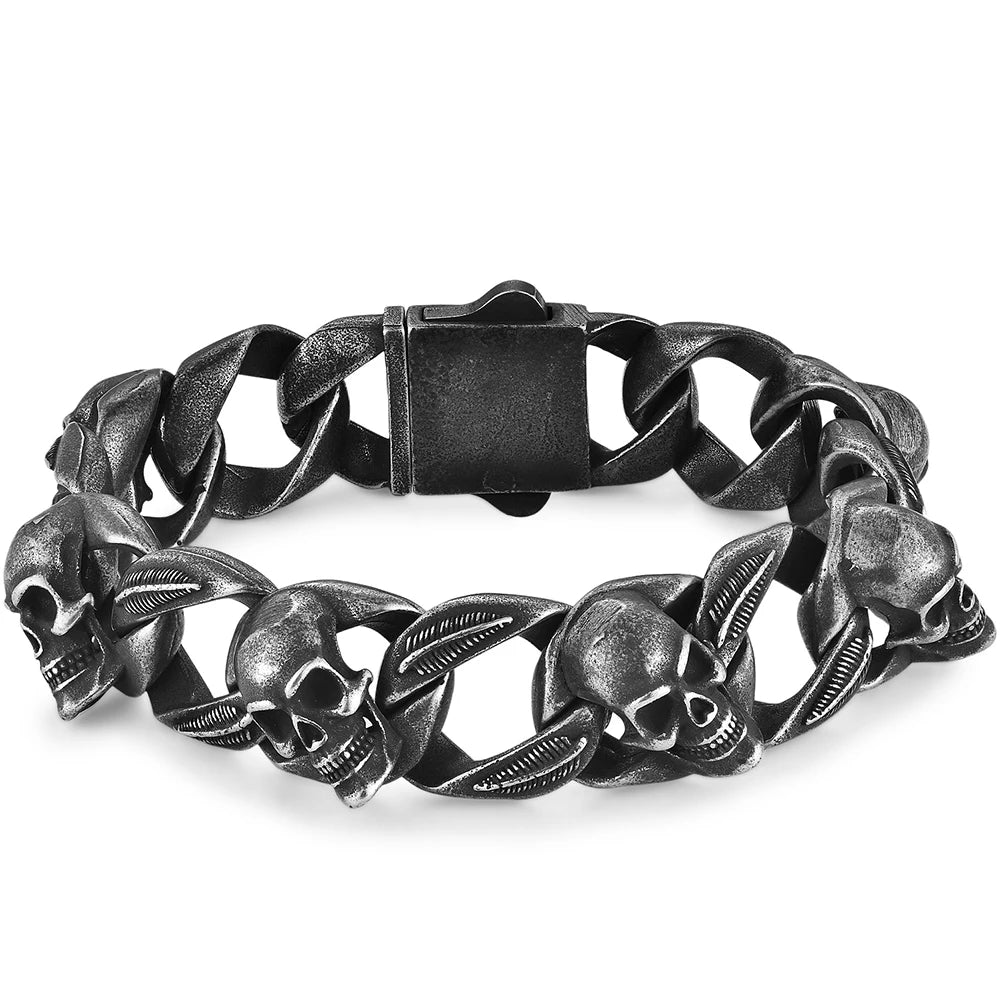 Punk Goth Matte Black Man Men's Bracelets Of Skull Head Cuban Link Chain Stainless Steel Skeleton Jewelry Boys Male