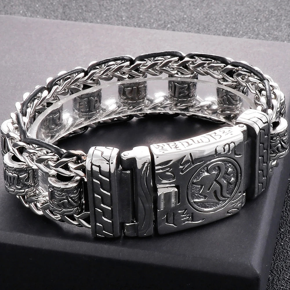 Religious Man Bracelet Stainless Steel 22MM Width Buddhist Scriptures Link Men's Bracelets Leather Wristband On Hand