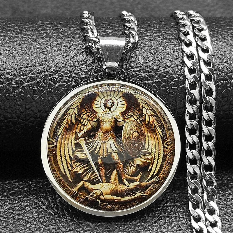 SAINT MICHAEL PROTECT US Archangel Stainless Steel Round Glass Medal Pendant Necklace for Women Men Gold Color Chain