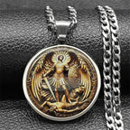SAINT MICHAEL PROTECT US Archangel Stainless Steel Round Glass Medal Pendant Necklace for Women Men Gold Color Chain