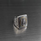 HX Silver Color Literary Faith Original Design By Our Lady of Notre Dame Ring Niche Style Hip-hop Retro Men and Women
