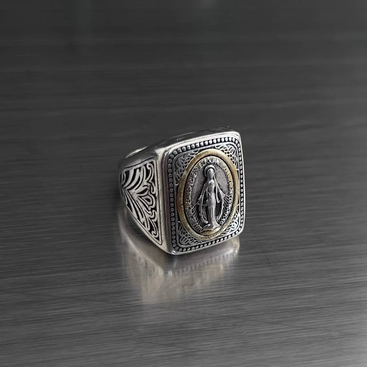 HX Silver Color Literary Faith Original Design By Our Lady of Notre Dame Ring Niche Style Hip-hop Retro Men and Women