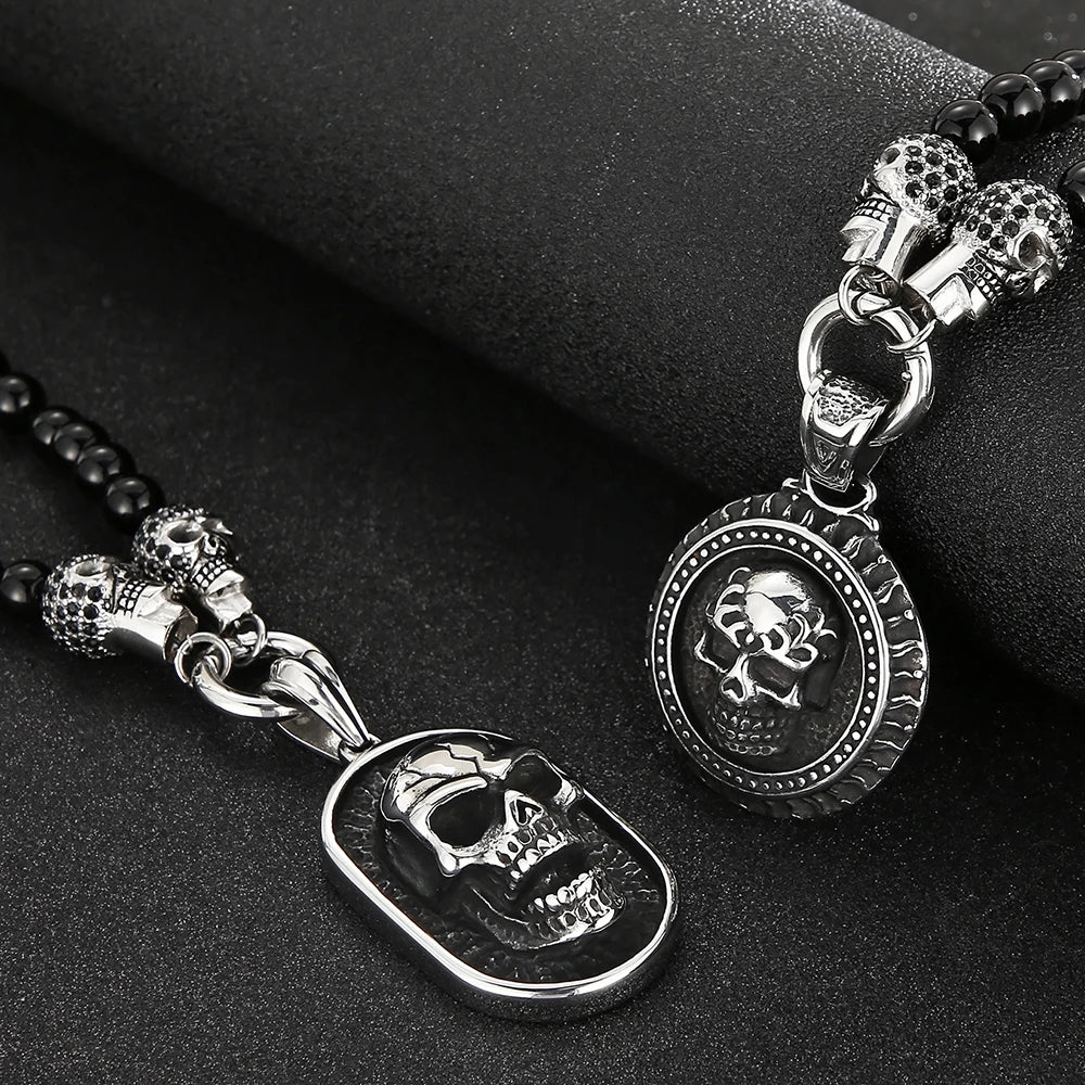 Men's Steampunk CZ Skull Face Head Pendant Necklace For Man 8MM Width 50CM Long Agate Stone Beads Chain Stainless Steel