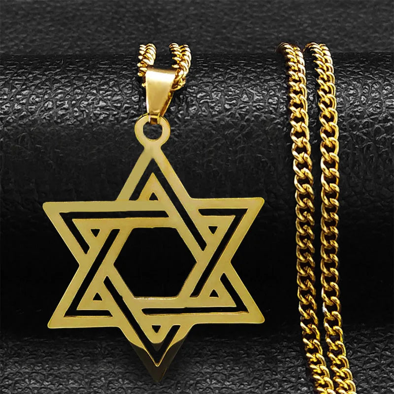 Hip Hop Star Of David Shield Hexagram Pendant Necklace for Men Fashion Stainless Steel Gold Color Chain Star Shape Jewelry Gift
