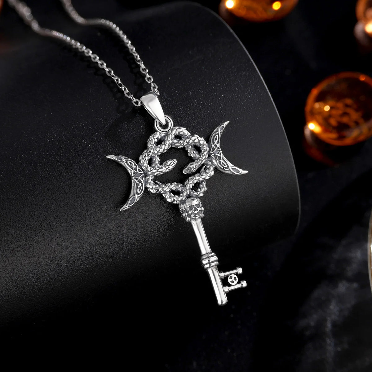 AEONSLOVE Silver Hecate Snake Key Necklace Triple Moon Goddess Pendant Witch Amulet Spiritual Jewelry for Women
