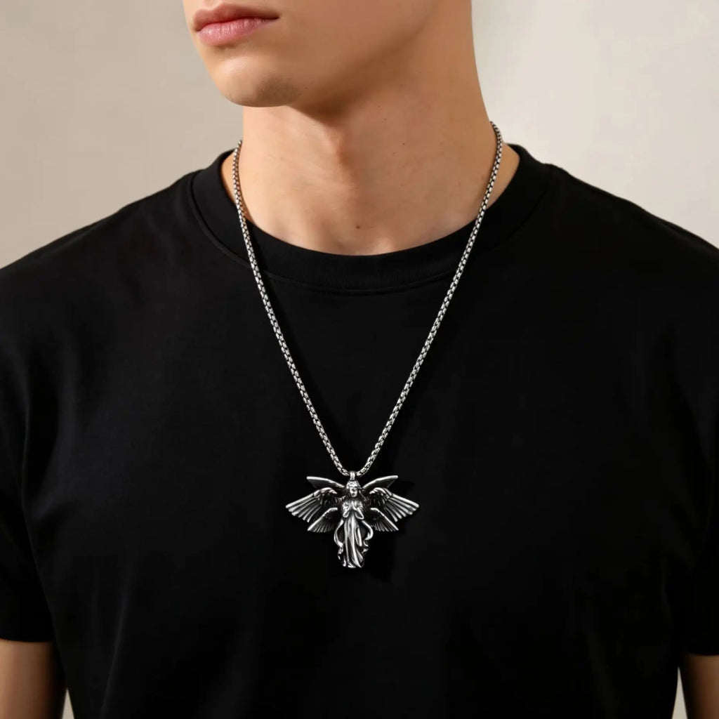 Classic Vintage Angel Wings Pendant Necklace for Men, Stainless Steel Seraph Prayer Necklace, Hip Hop Punk Jewelry