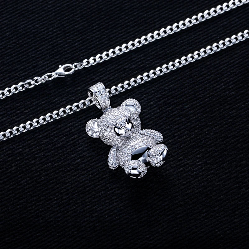 Iced Out Teddy Bear Pendant — 925 Silver