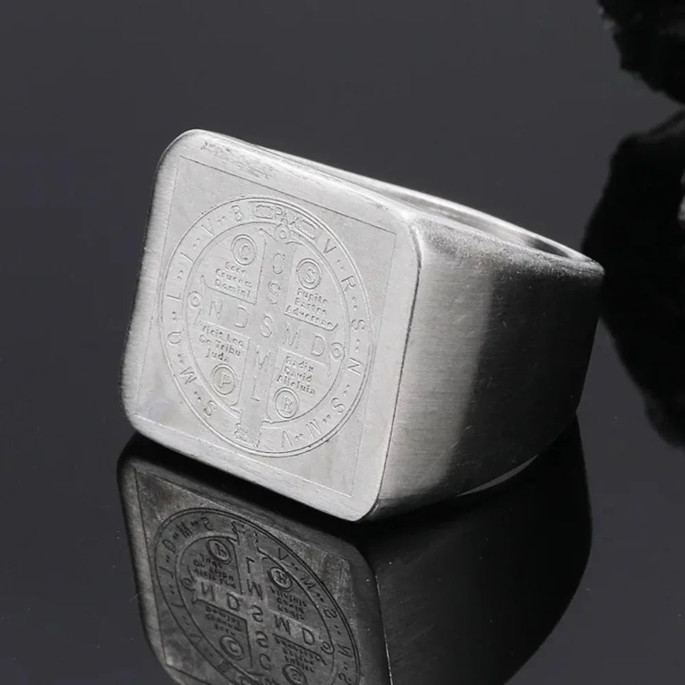 St. Benedict Exorcism Ring for Men — Geometric Square Band