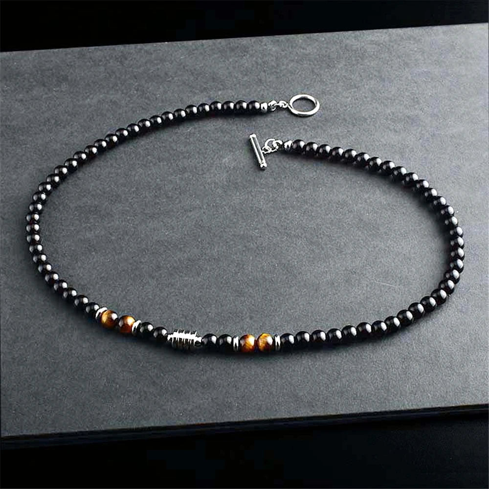 Tiger Eye Beaded Necklace — Stainless Steel
