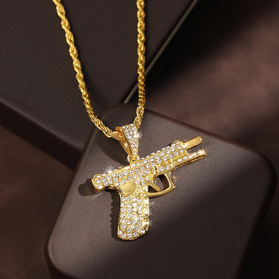 ZAKOL Hiphop&Rock AK47 Rifle&Gun Pendant Necklaces For Men Women Crystal Metal Clavicle Chain Choker Party Daily Jewelry Gifts