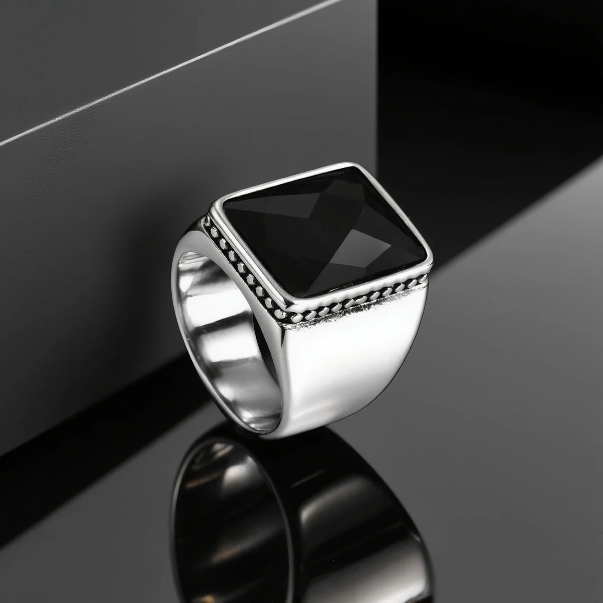 Simple Retro Black Cubic Glass Signet Ring for Men, Geometric Square Stainless Steel Ring, Fashion Punk Finger Jewelry size 7-12