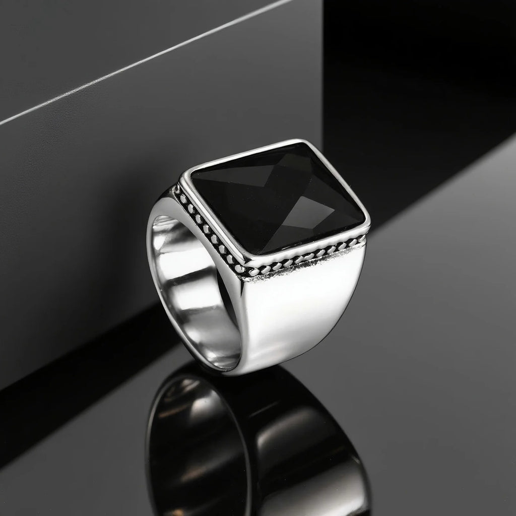 Simple Retro Black Cubic Glass Signet Ring for Men, Geometric Square Stainless Steel Ring, Fashion Punk Finger Jewelry size 7-12