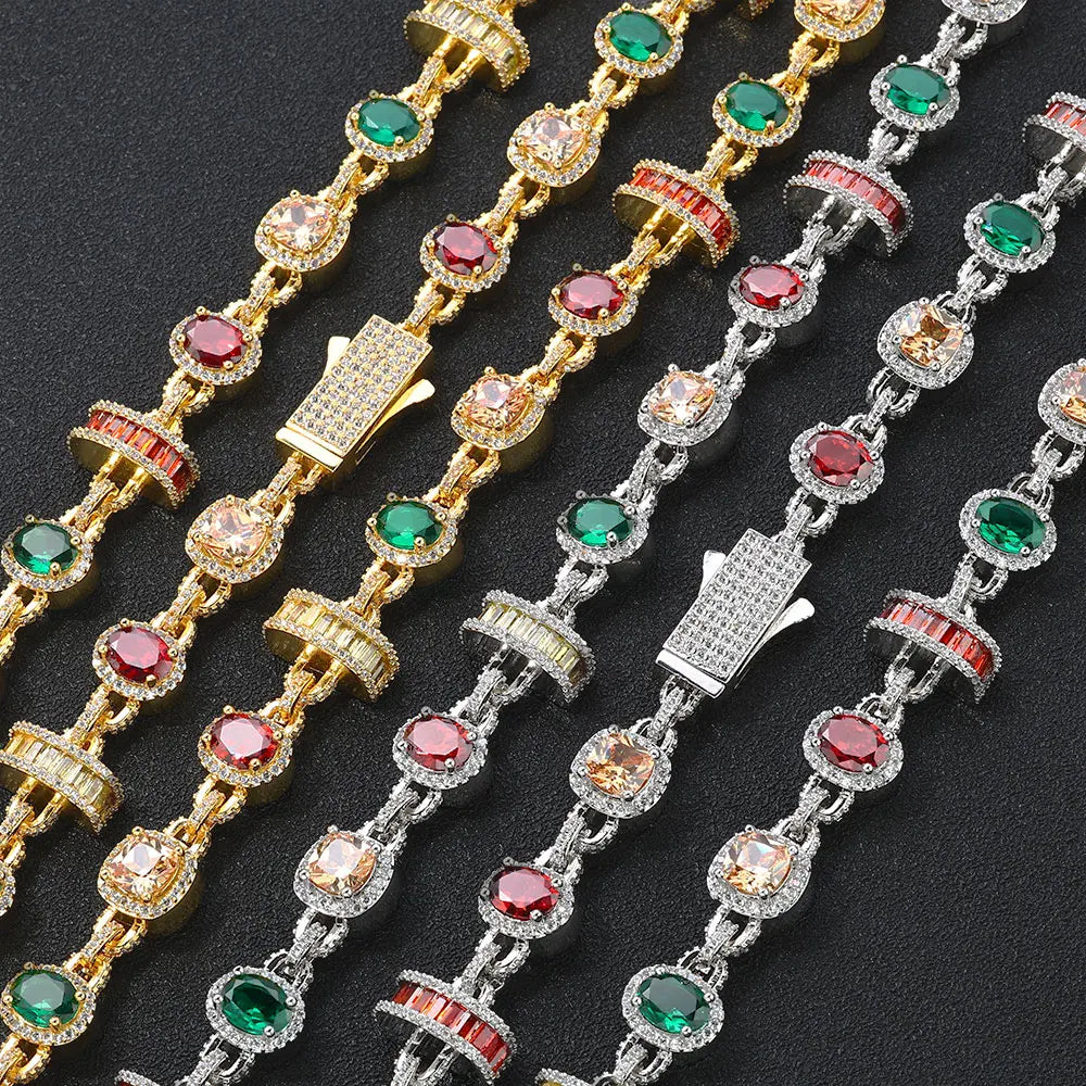 Gold Iced Out Chain Necklace Ruby Emerald 18K