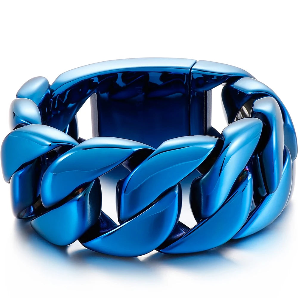 Men's Heavy Big Chunk 32MM Width Curb Cuban Link Chain Bracelet Man Blue Rainbow 316L Stainless Steel Jewelry Birthday