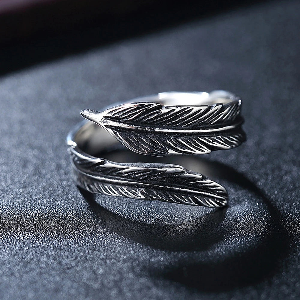 Retro Creative Open Feather Stainless Steel Ring Men and Women Jewelry Punk Viking Odin Crow Feather Ring Men's  Gift
