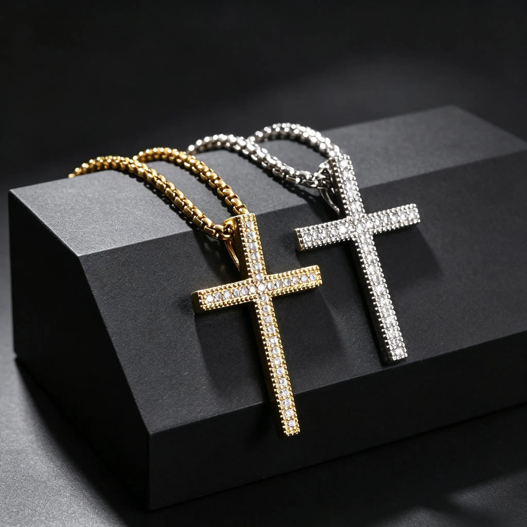 Hip Hop Cool AAA Cubic Zircon Cross Necklace for Men, Stainless Steel Chain Vintage Cross Pendant, Religious Punk Jewelry