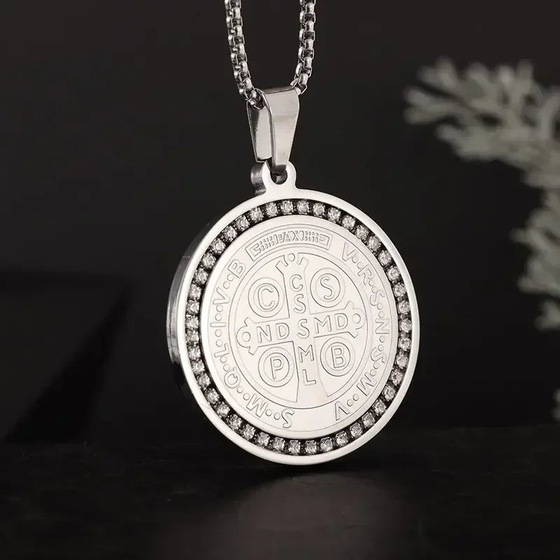 Saint Benedict Medallion Stainless Steel Pendant Zircon San Benito Collares Necklace Amulet Religious Cross Jesus