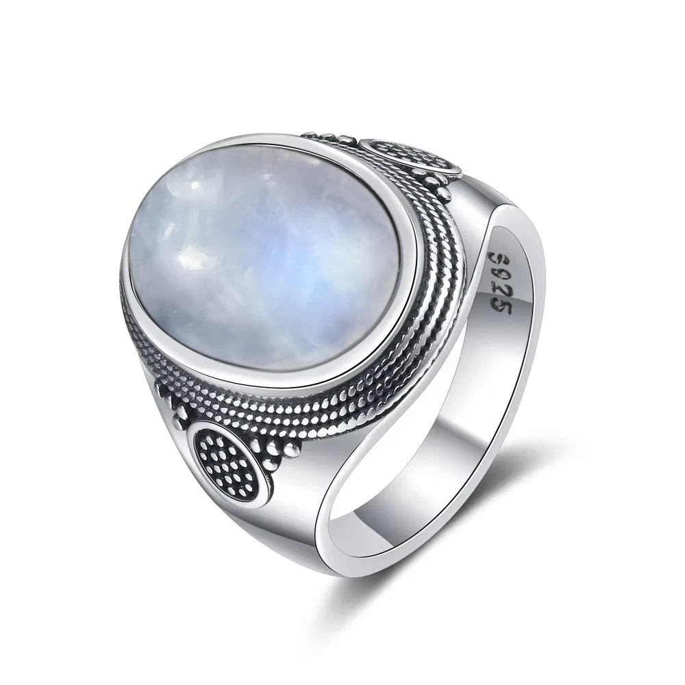 Vintage 925 Sterling Silver Ring Natural Moonstone Ring 10*14mm Oval Large Stone Retro Fine Jewelry Gift For Men