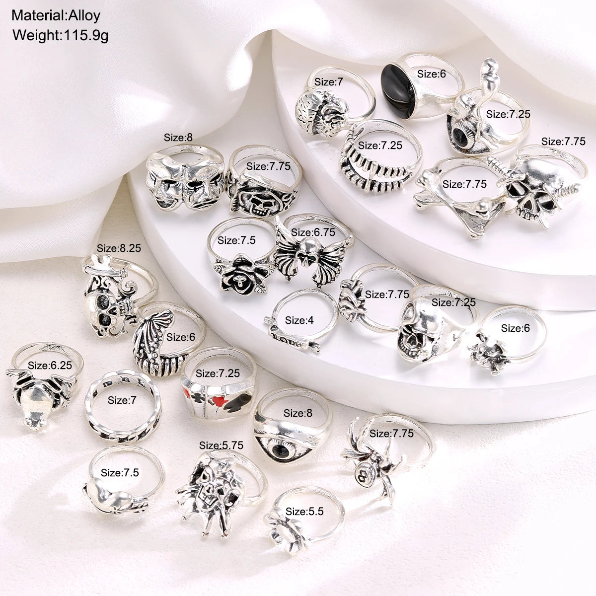 24 Pcs Gothic Skeleton Unisex Ring Set Punk Grunge Butterfly Frog Woman Man Jewelry Hip Hop Party Street Ring