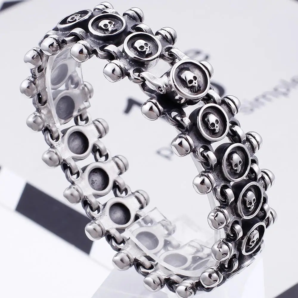 Gothic Men's Skull Heads Link Chain Bracelet for Man Punk Rock Stainless Steel Unique Masculine Skeleton Jewelry Gifts