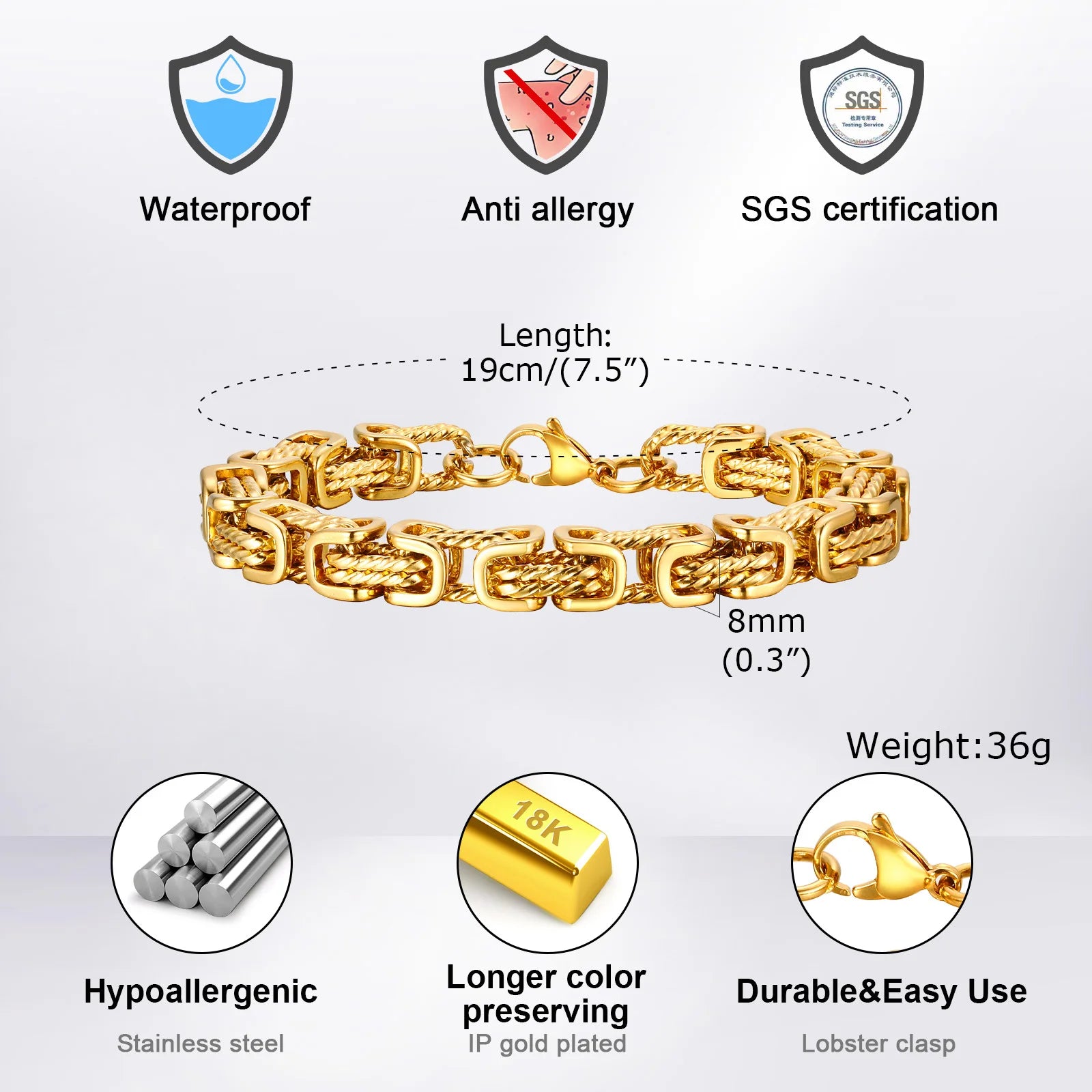 Byzantine Chunky Link Bracelet 8mm — Stainless Steel