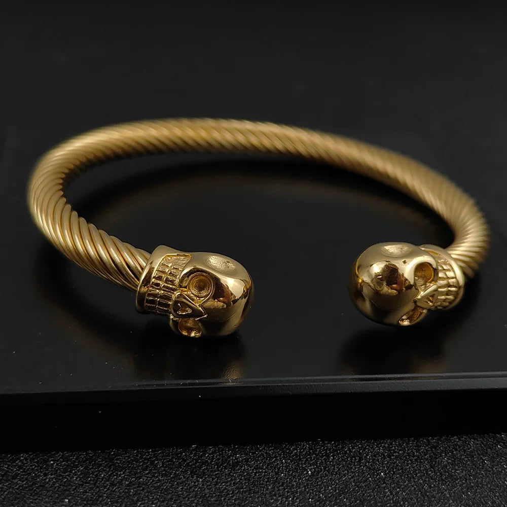 New Fashion Bracelet for Men Double Skull Bangles Open Cuff Bracelets Stainless Steel Braided Wrap Bangle Jewelry Pulsera
