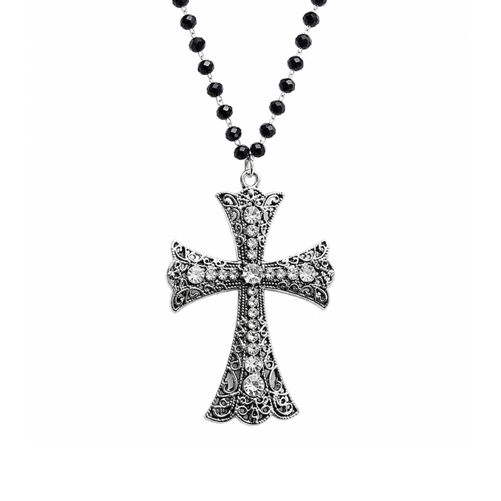 Crystal Filigree Cross Beaded Necklace — Black