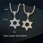 Fashion Star of David Pendant Necklace Women Men Hip Hop Tennis Cuban Chain Necklaces Classic Six-pointed Star Jewish