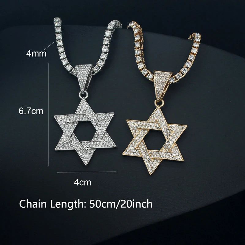 Fashion Star of David Pendant Necklace Women Men Hip Hop Tennis Cuban Chain Necklaces Classic Six-pointed Star Jewish