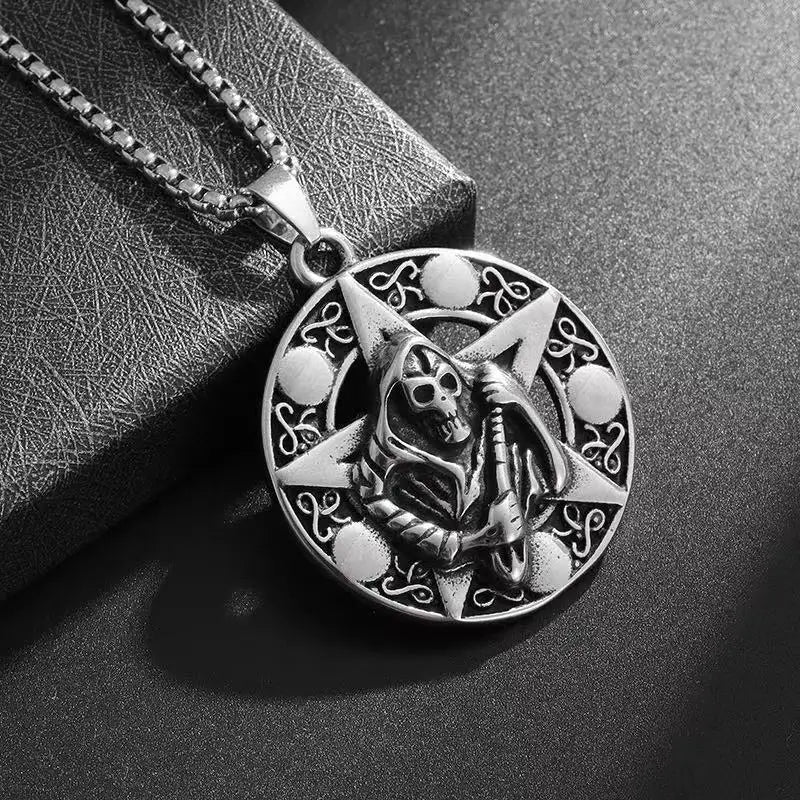 Classic Retro Hell Holy Death Sickle Round Medal Pendant Stainless Steel Necklace for Men Gothic Punk Personalized