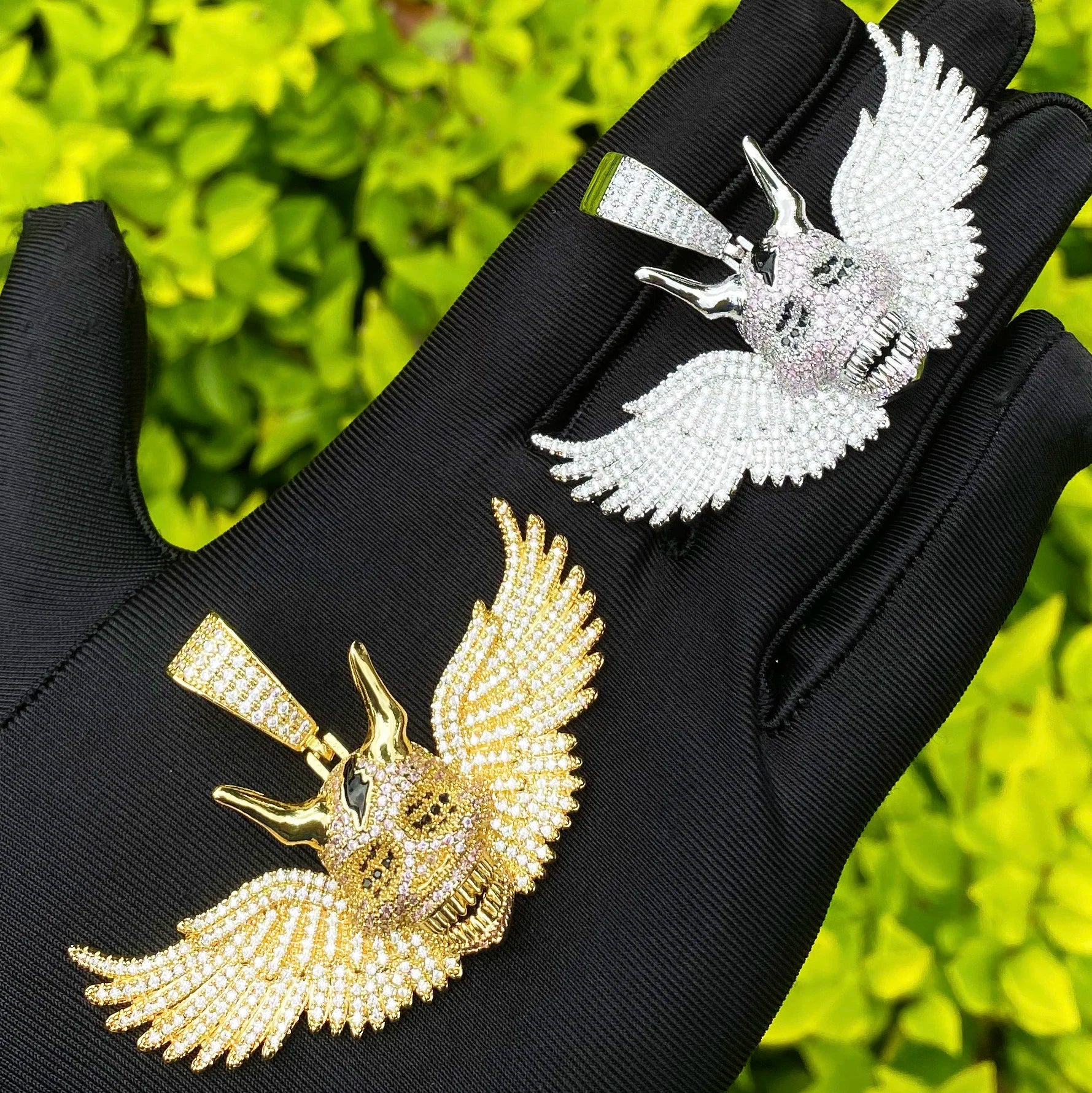 Aokaishen Iced Out Wing Skull Necklace Pendant for Men Real Gold Plated 5A Cubic Zirconia Hip Hop Jewelry