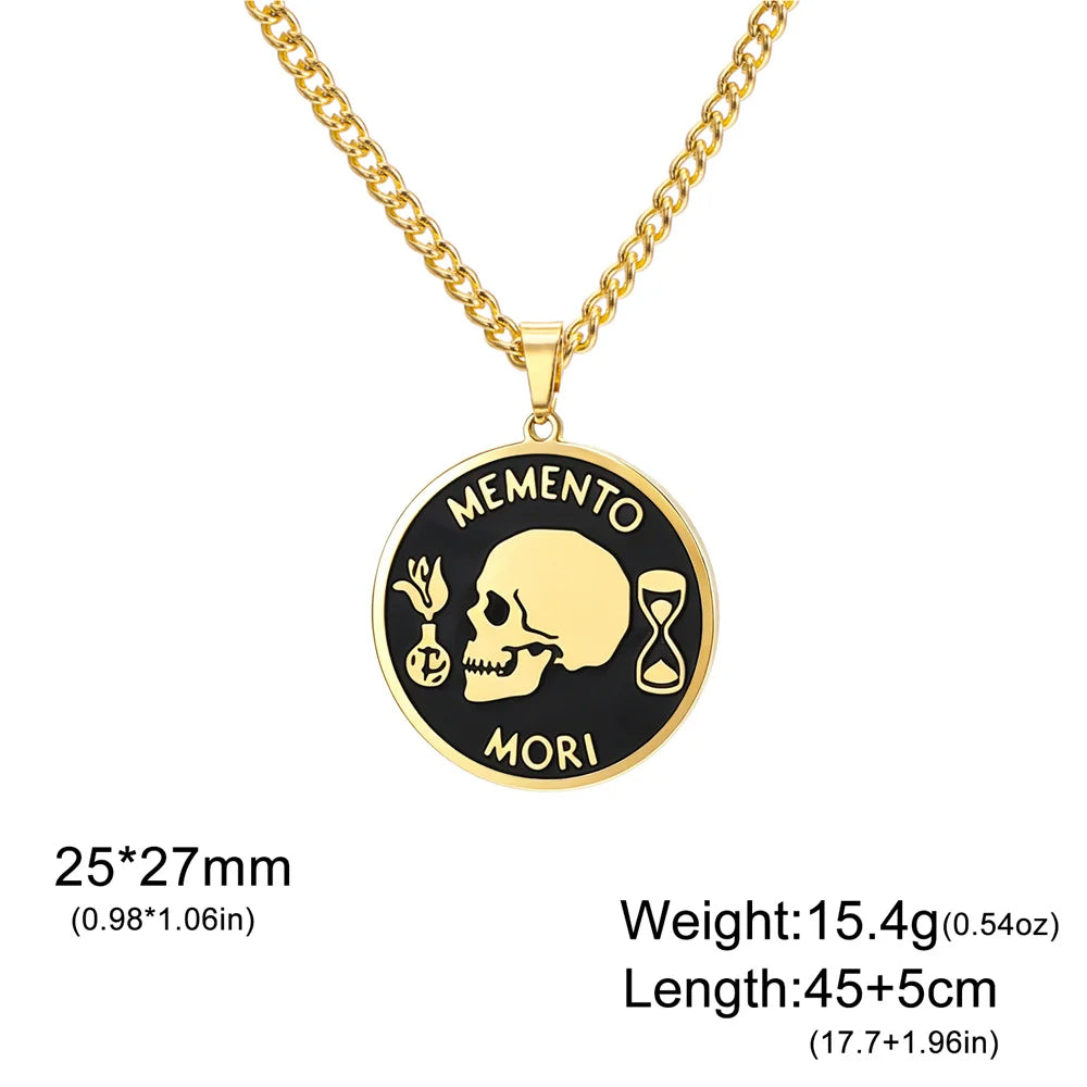 Memento Mori Stoic Pendant Necklace for Men Women Double Sided Engraved Stainless Steel Chain Motivational Stoicism