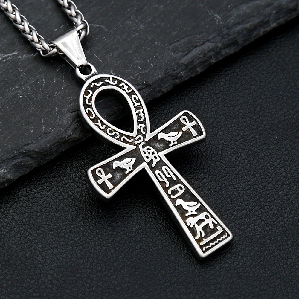 Vintage Punk Anka Cross Pendant Stainless Steel Egyptian Necklaces For Men Women Unique Rune Amulet Jewelry Gifts