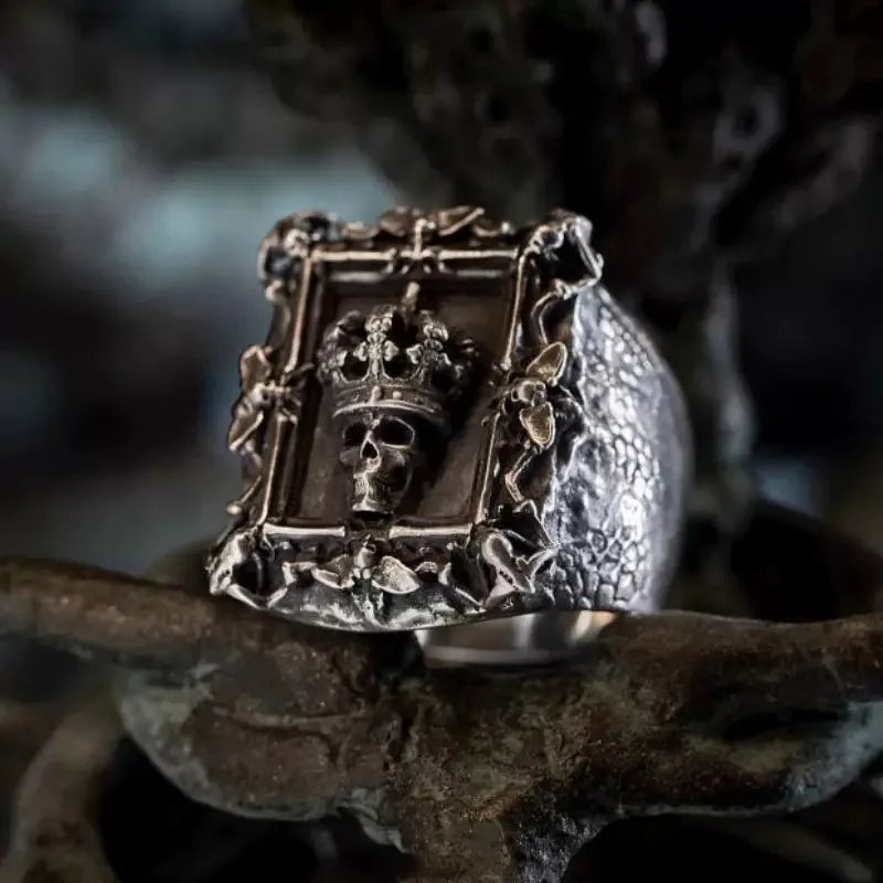 Retro Skeleton Punk Style Ring Men's Dark System Exaggerated Trend High-End Feeling Unique Square Alloy Ring for Men