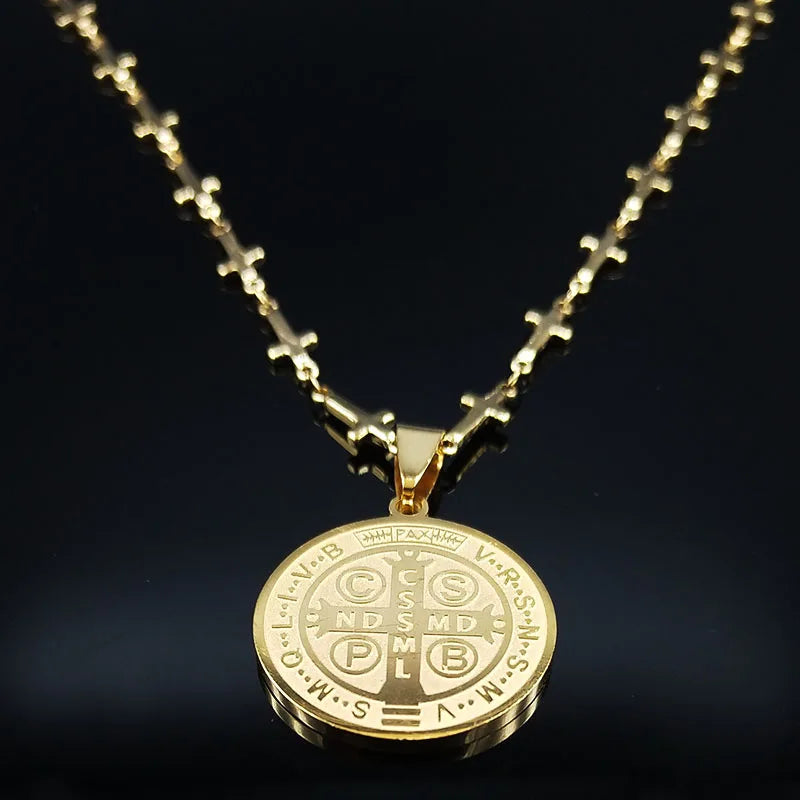 Catholic Saint Benedict Medal Stainless Steel Necklace for Women Men Gold Color Jesus Cross Chain Jewelry san benito