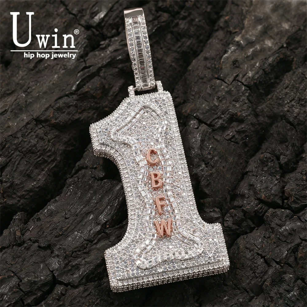 Uwin Big Size Number 1 Pendant Custom Vertical Small Stainless Steel Letters Pendant Micro Paved Out CZ Necklace Hiphop Jewelry