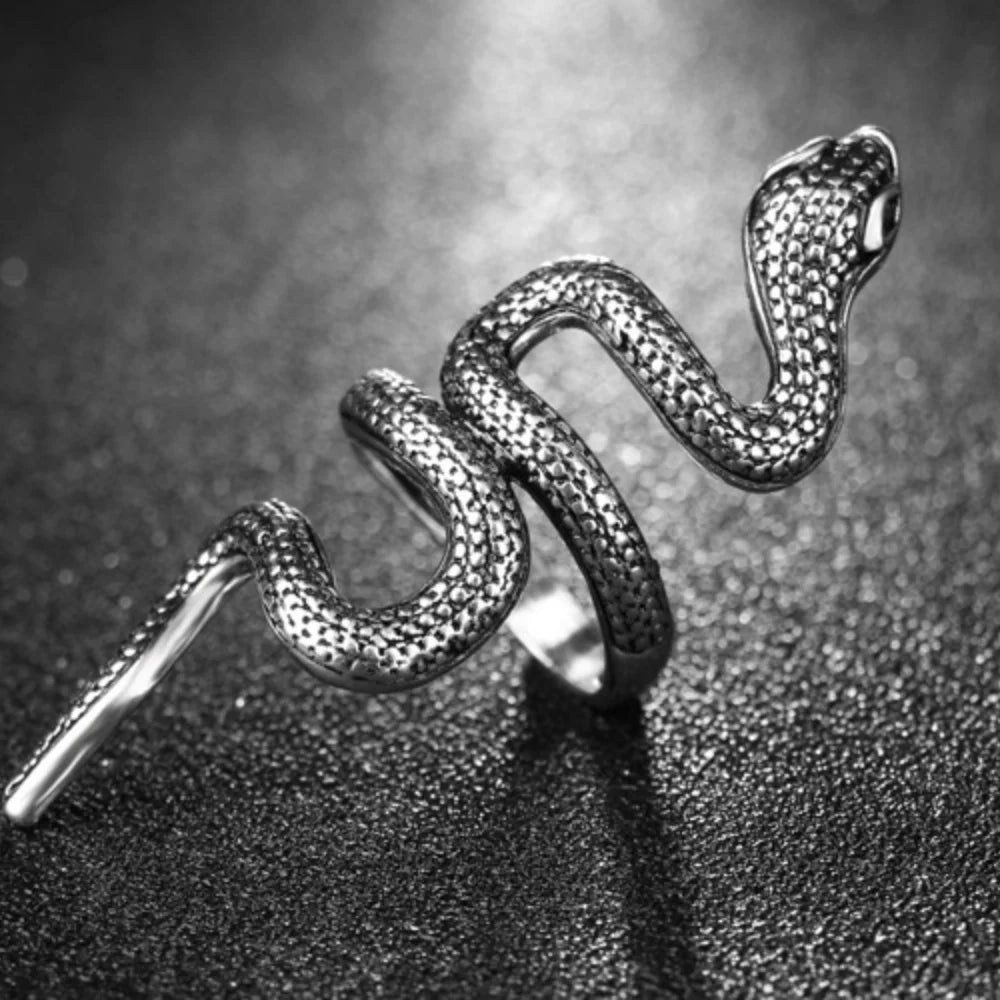 Gothic Snake Adjustable Ring — Silver-Tone Zinc Alloy