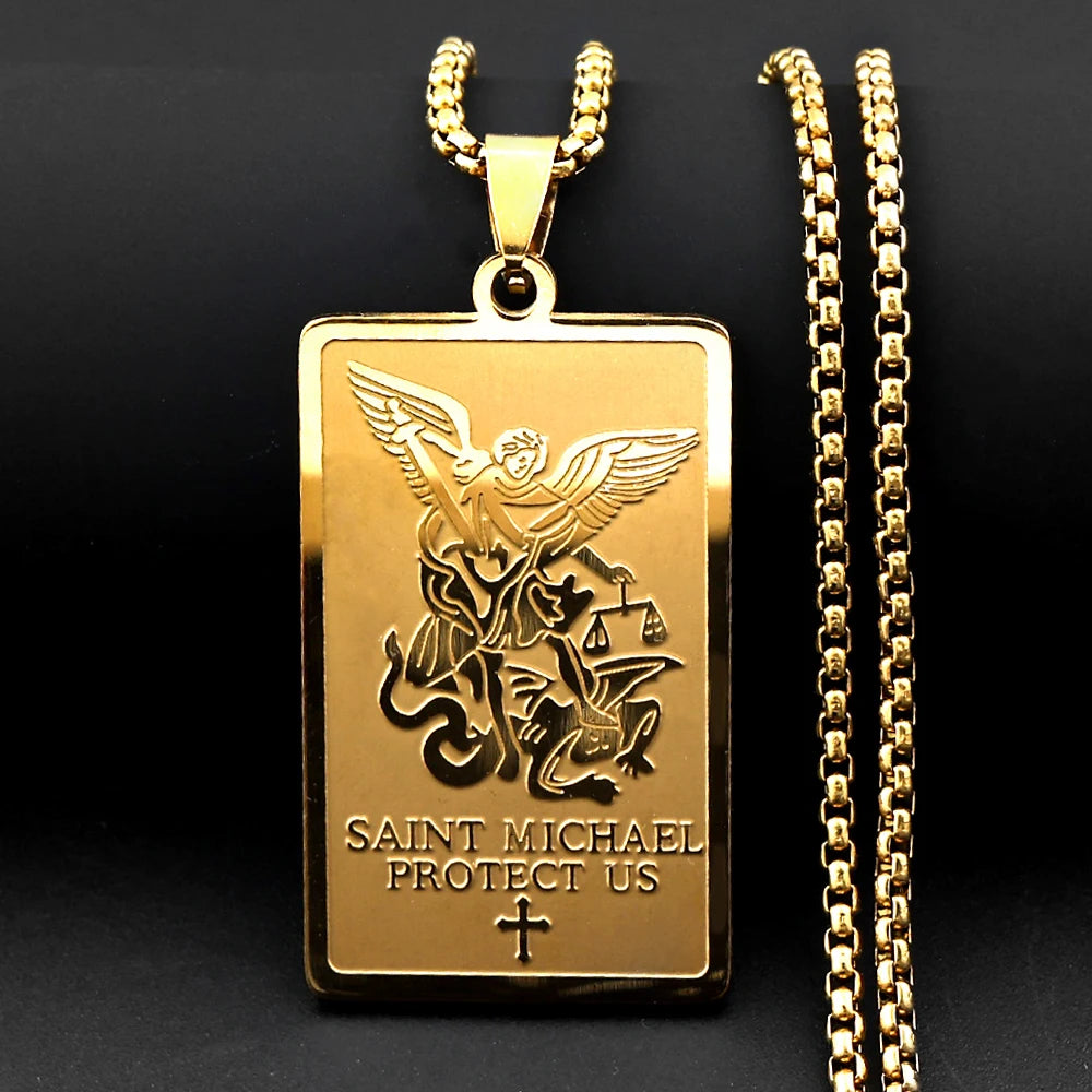 Christian Archangel Saint Michael Protect Us Cross Medal Pendant Necklace Stainless Steel Chain Amulet Jewelry Gift