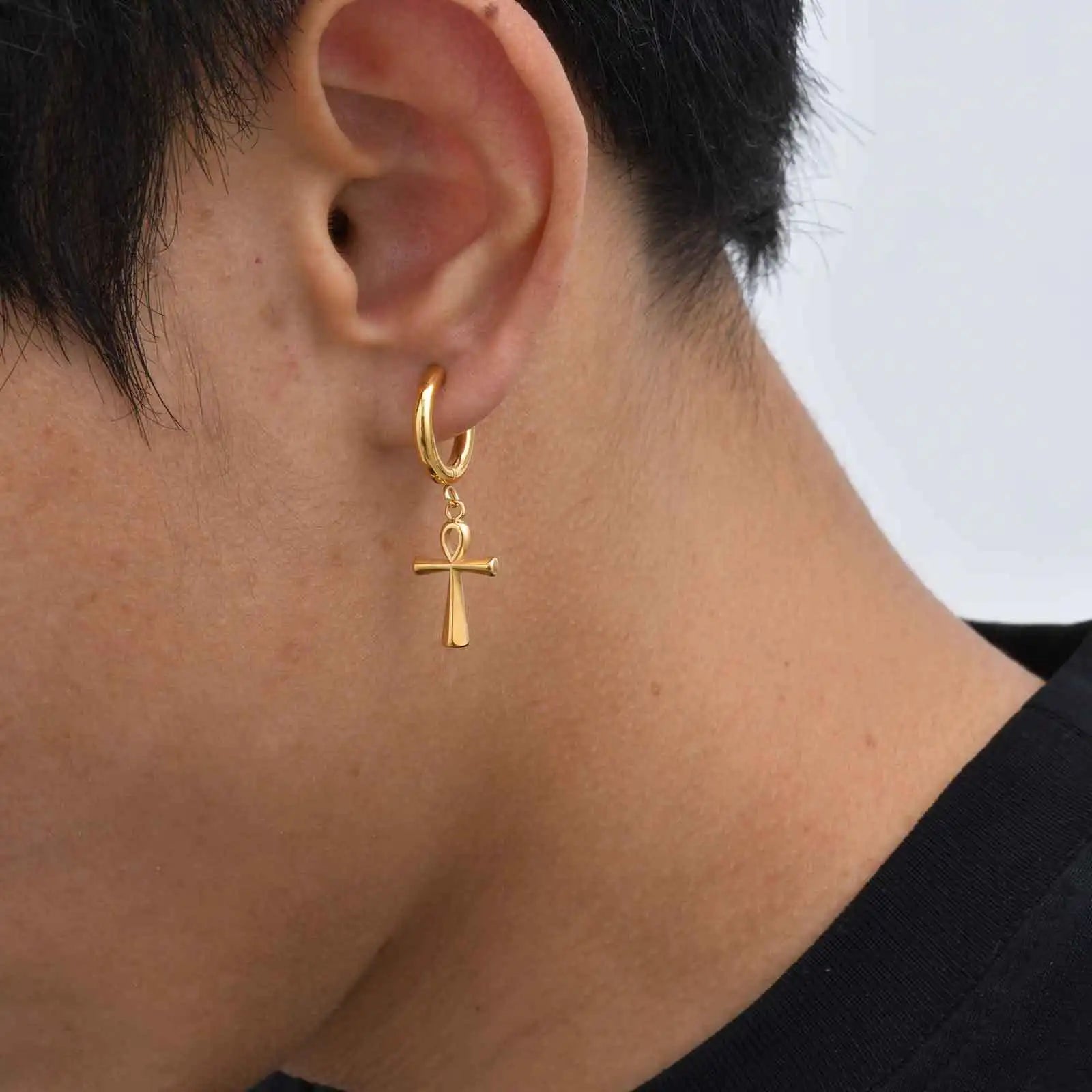Ankh Cross Huggie Hoop Earrings — Stainless Steel