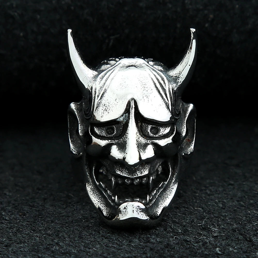 Mens Gothic Prajna Mask Ring Stainless Steel Japanese Samurai Skull Rings for Men Women Fashion Biker Jewelry Gift